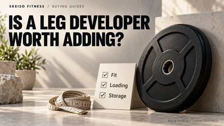 Leg developer buying checklist with a generic weight plate, measuring tape and fit, loading and storage prompts