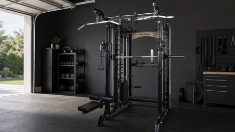 SKEISO SKS-1 all-in-one Smith machine in a garage gym for a functional trainer comparison