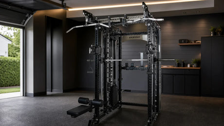 SKEISO SKS-1 all-in-one Smith machine in a modern American garage home gym