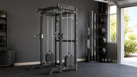 SKEISO SKS-2 half rack functional trainer in a compact garage gym
