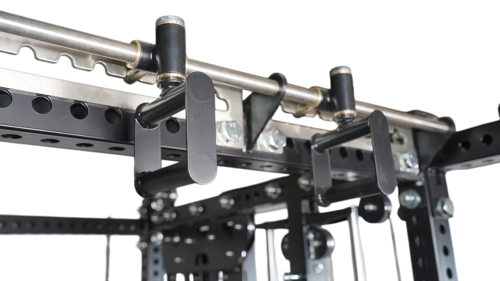 Built-in storage pegs keep gym accessories organized and space-saving.