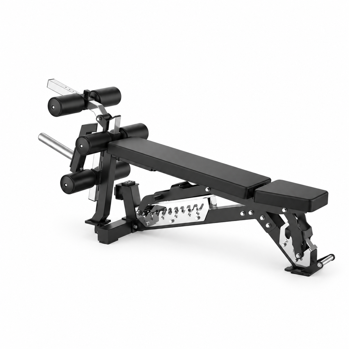 JXS-037C bench with AH04 leg extension and curl attachment; AH05 is not included.
