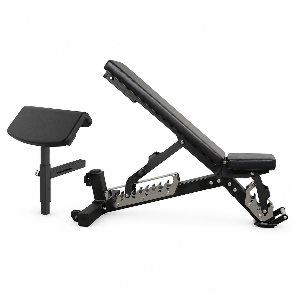 JXS-037C bench with AH05 preacher curl pad shown separately; AH04 is not included.