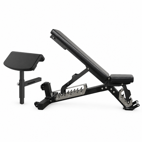 JXS-037C bench with AH05 preacher curl pad shown separately; AH04 is not included.