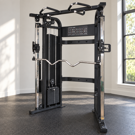 SKEISO BJL-05A dual-stack functional trainer in a home-gym setting; AI-styled scene based on the original product