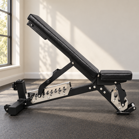 SKEISO JXS-037C adjustable base bench without optional attachments in a home-gym setting; AI-styled scene based on the original product