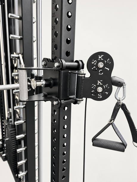 SKEISO SKS-1 installed cable trolley with adjustment handle, pulley housing and single-hand grip