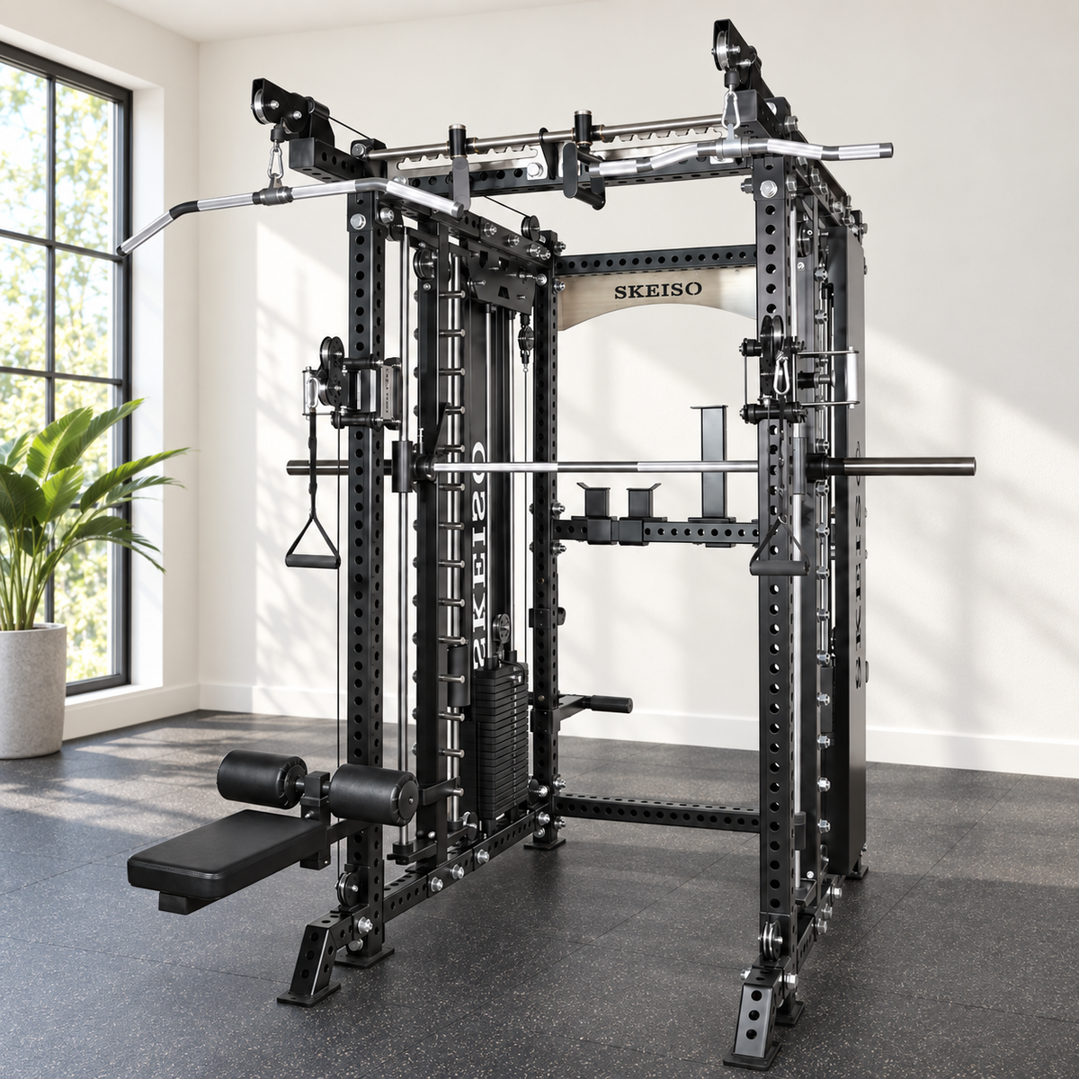 SKEISO SKS-1 Smith machine and cable trainer in a home-gym setting; AI-styled scene based on the original product