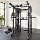 SKEISO SKS-1 Smith machine and cable trainer in a home-gym setting; AI-styled scene based on the original product