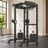 SKEISO SKS-2 dual-stack half-rack cable trainer in a home-gym setting; AI-styled scene based on the original product