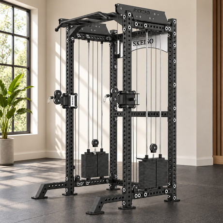 SKEISO SKS-2 dual-stack half-rack cable trainer in a home-gym setting; AI-styled scene based on the original product